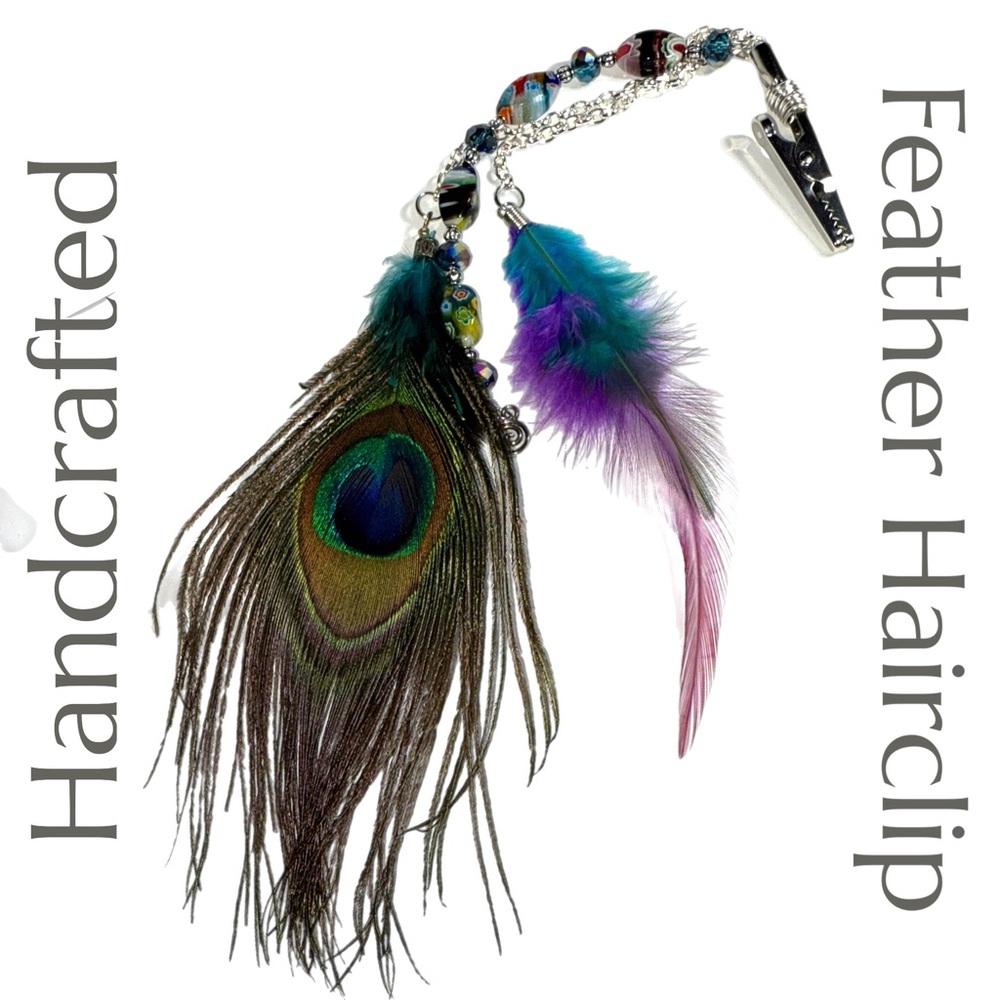 Boho Peacock Feather Hairclip – Handcrafted Beads & Colorful Flair